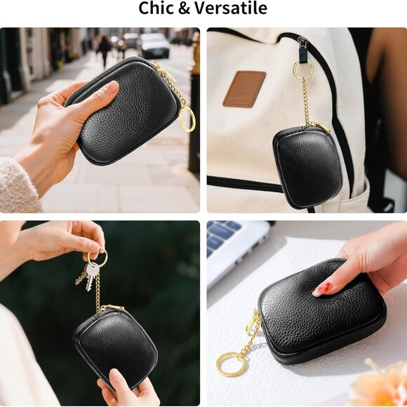 Genuine Leather Coin Purse, Small Change Purse Keychain Wallet for Women, Mini C - Picture 5 of 8